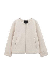 Hellbeige Jacke aus weichem Material, mit rundem Hals, vorderem Reißverschluss und zwei seitlichen Taschen. Glatte Textur und einfaches Design.