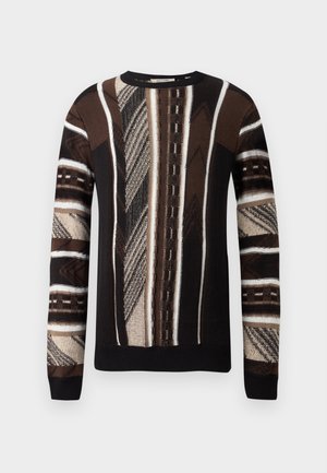 Maglione lavorato a maglia con scollo rotondo. Presenta motivi geometrici in marrone scuro, beige e nero. Polsini e bordo a costine. Tessuto con texture.