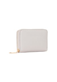 Portafoglio in pelle di ciottolo grigio chiaro con cerniera e tiretto dorati, design rettangolare e compatto.