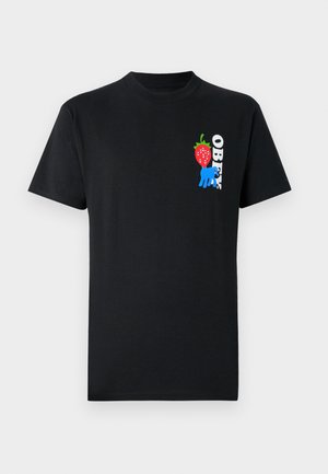 Black cotton t-shirt featuring a colorful graphic print with a strawberry and blue hand, and the word "Obey" in bold white letters.