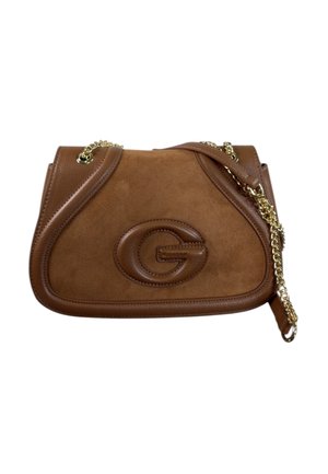 Borsa a tracolla in pelle e camoscio marrone con tracolla in catena dorata e logo "G" in rilievo sul pannello frontale.