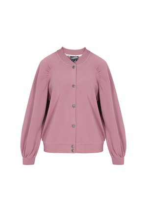 Svetloružový kardigán s okrúhlym výstrihom, zapínaním na gombíky a naťahovacími rukávmi. Vyrobený z mäkkého materiálu s rebrovanými manžetami a lemom.