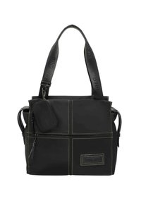 Bolsa tote negra con textura suave, que presenta costuras amarillas, un bolso extraíble y un logo impreso en la correa.
