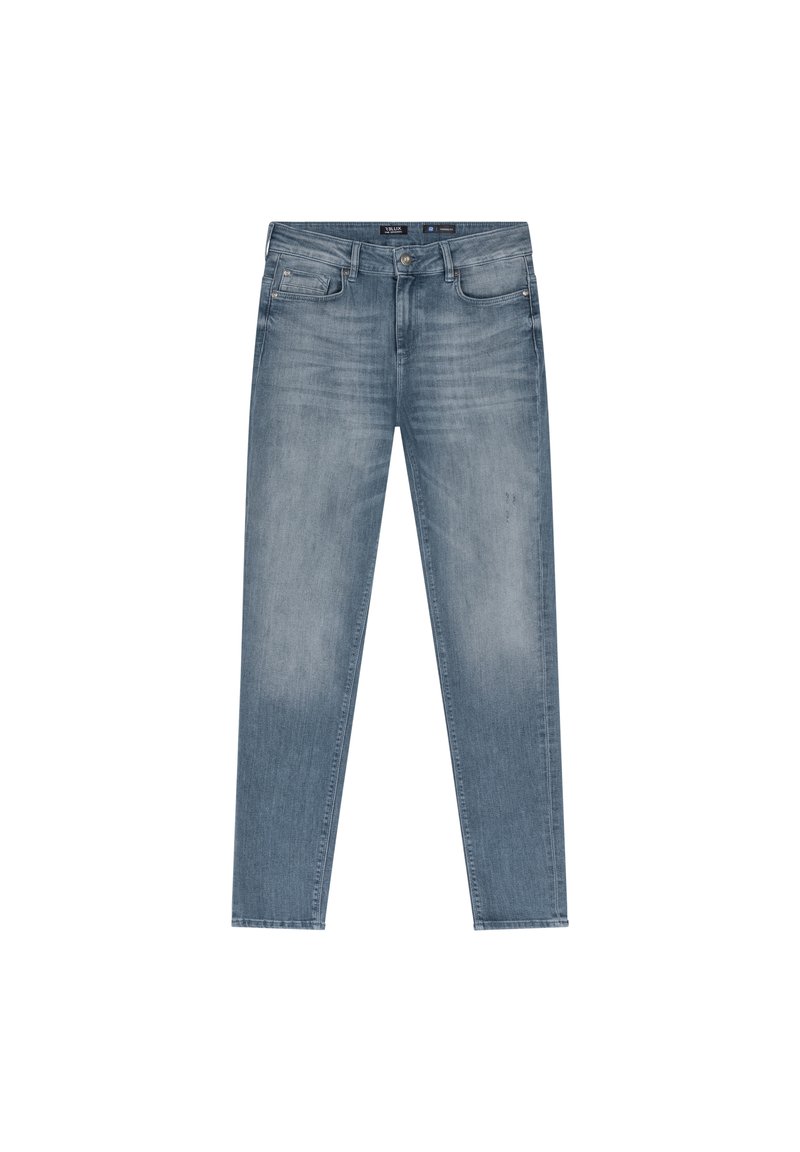 Jasnoniebieskie dżinsy z delikatnym wypłowiałym wykończeniem, pięć kieszeni, prosty krój nogawek. Wykonane z tkaniny bawełnianej z widocznymi szwami.