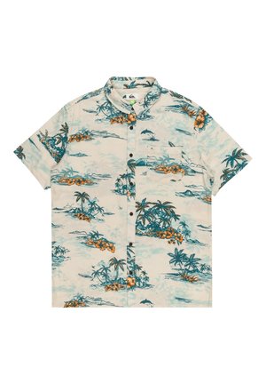 Chemise beige à manches courtes avec boutons, imprimé tropical de palmiers, fleurs orange, nuages et dauphins, avec une poche poitrine.