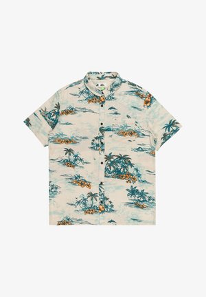 Beżowa koszula z krótkim rękawem na guziki, z tropikalnym nadrukiem palm, pomarańczowych kwiatów, chmur i delfinów, z kieszenią na piersi.