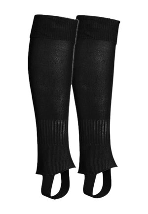 Paar schwarze gestrickte Beinwärmer mit gerippten Bündchen und Fußriemen, entworfen, um vom Knöchel bis unter das Knie zu reichen.