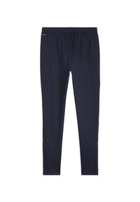 Marineblaue Sportleggings aus dehnbarem Material, ausgestattet mit einem breiten elastischen Bund und seitlichen Schlitzen in der Nähe der Knöchel für verbesserte Bewegungsfreiheit.
