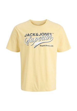 Helevalge puuvillane T-särk ümarate kaelustega, lühikeste varrukatega ja ees oleva graafikaga, kus on kontrastsete tumedate värvidega kiri "JACK&JONES Superior".