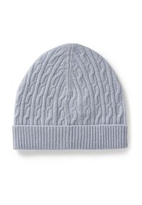 Cappello a maglia azzurro chiaro con motivo a trecce, con risvolto a coste. Tessuto morbido, parte superiore arrotondata e design senza cuciture.