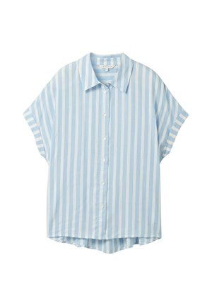 Light blue short-sleeve shirt with vertical white stripes, button-down front, collar, and a slightly curved hemline at the back.