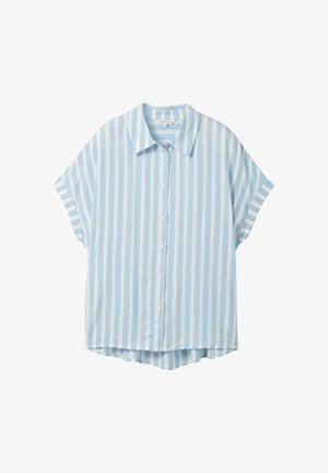 Light blue short-sleeve shirt with vertical white stripes, button-down front, collar, and a slightly curved hemline at the back.