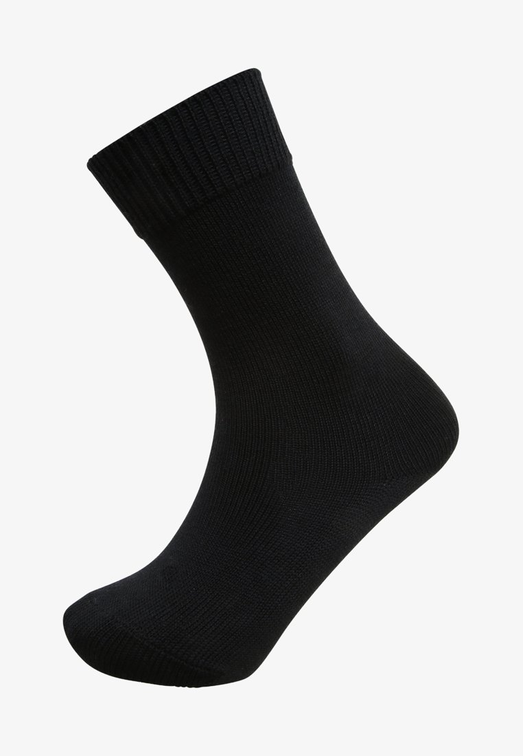 Schwarze Crew-Socke mit geripptem Bund, glatter Textur und anpassungsfähiger Form, die für Komfort und Langlebigkeit konzipiert ist.