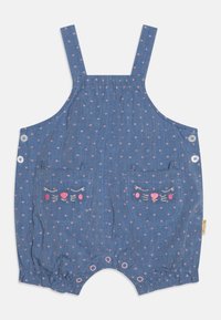 Blauer Baumwoll-Spielanzug mit rosa Punkten, versehen mit bestickten Taschen in Form von Katzenköpfen, verstellbaren Trägern und Druckknopfverschluss am unteren Ende.