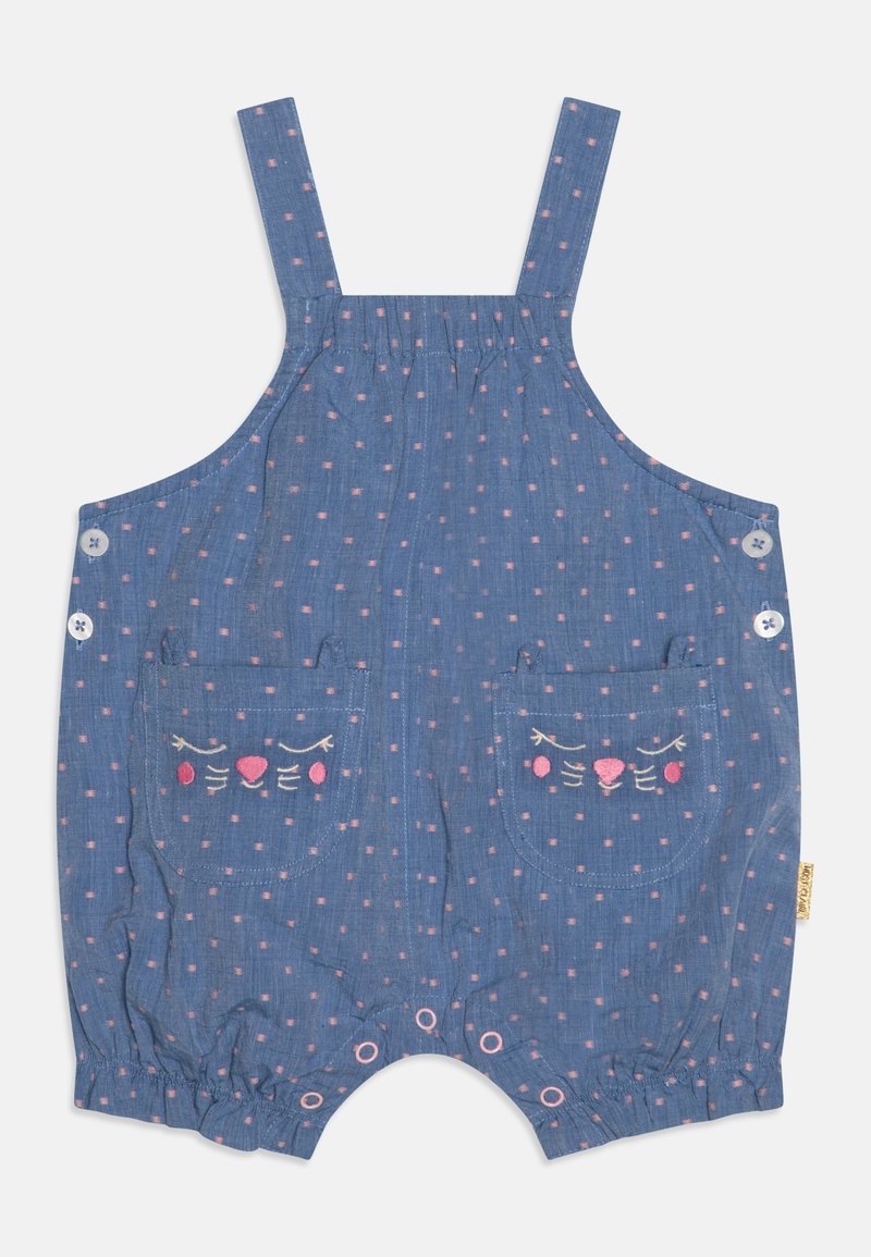 Blauer Baumwoll-Spielanzug mit rosa Punkten, versehen mit bestickten Taschen in Form von Katzenköpfen, verstellbaren Trägern und Druckknopfverschluss am unteren Ende.