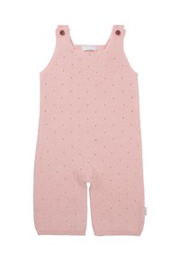 Gestrickter rosa Overall mit kurzen Beinen, der aus einem strukturierten Stoff mit kleinen, erhöhten Punkten besteht. Verstellbare Knöpfe an den Trägern.