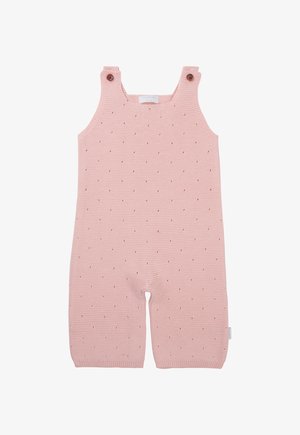Gestrickter rosa Overall mit kurzen Beinen, der aus einem strukturierten Stoff mit kleinen, erhöhten Punkten besteht. Verstellbare Knöpfe an den Trägern.