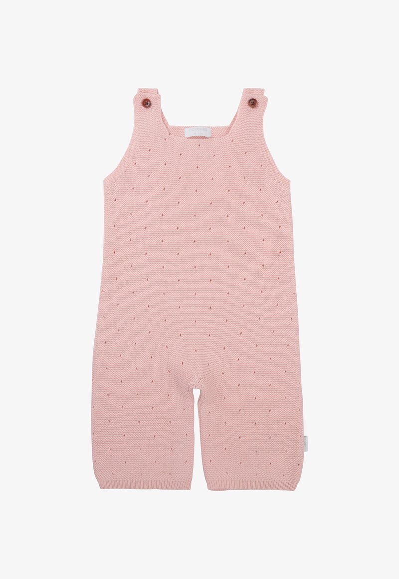 Gestrickter rosa Overall mit kurzen Beinen, der aus einem strukturierten Stoff mit kleinen, erhöhten Punkten besteht. Verstellbare Knöpfe an den Trägern.