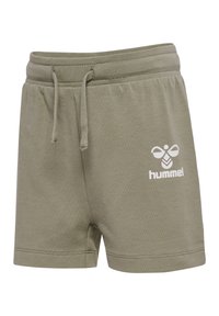 Olivgröna bomullsshorts med elastisk midja och dragsko. Med en vit logotyp på vänster lår och sydda fållar.