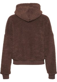 Brun cropped hettegenser laget av myk, teksturert fleece med hette, ribbede mansjetter og en rå hem i bunnen.