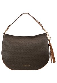 Sac à bandoulière marron Michael Kors avec motif de logo embossé, breloque logo dorée, détail pompon, et une seule sangle en cuir beige.