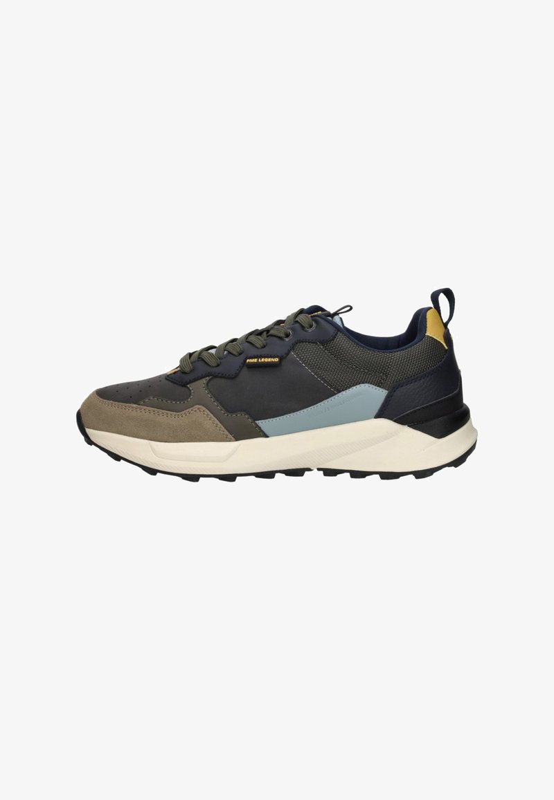 Herensneakers met een combinatie van marineblauw, olijfgroen en blauwe synthetische materialen. Heeft een gestructureerd patroon, vetersluiting en rubberen zool.