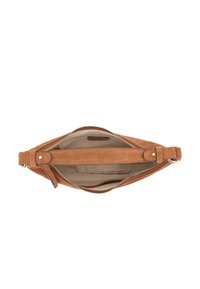 Braune Wildleder-Handgelenktasche mit Reißverschluss oben, beigem Stoffinnenfutter und verstellbarem Riemen mit goldfarbenen Beschlägen.