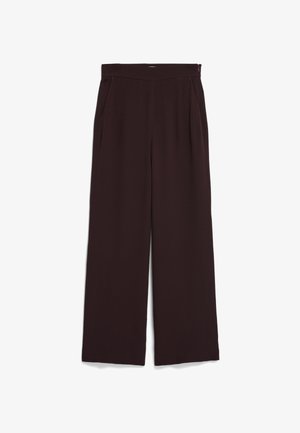 Pantaloni a gamba larga in tessuto marrone scuro, con vita alta e tasche laterali. Texture liscia con una finitura pulita.