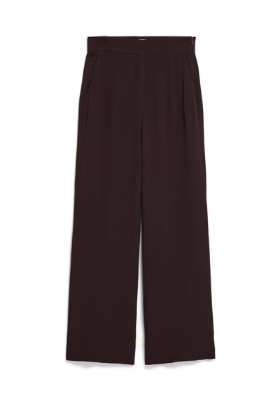 Pantaloni a gamba larga in tessuto marrone scuro, con vita alta e tasche laterali. Texture liscia con una finitura pulita.