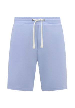 Lichtblauwe casual korte broek met elastische tailleband en witte trekkoord, knielengte met zijzakken op een witte achtergrond.