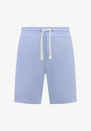 Lichtblauwe casual korte broek met elastische tailleband en witte trekkoord, knielengte met zijzakken op een witte achtergrond.