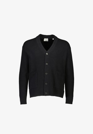 Schwarze Strickjacke mit V-Ausschnitt, gerippten Bündchen und Saum. Verfügt über sechs vordere Knöpfe und zwei aufgesetzte Taschen. Glatte Textur.