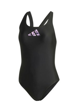Costume da bagno nero con design aderente, realizzato in tessuto lisci. Presenta spalline doppie e un logo mimetico rosa sulla parte anteriore.