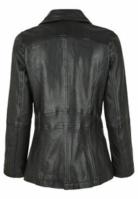 Schwarze Lederjacke mit maßgeschneidertem Schnitt, Reverskragen und vertikalen Nähten an der Rückseite. Glatte Textur mit klassischem Design.