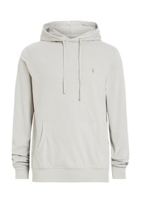 Sweat à capuche gris clair en tissu doux, avec une poche kangourou, un cordon de serrage à la capuche et un logo discret sur la poitrine.