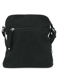 Maža juoda rankinė per petį su tekstūruota paviršiaus danga, priekyje esantis kišenė su užtrauktuku ir reguliuojamas dirželis su sidabrine furnitūra.