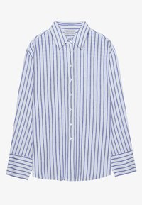 Striped shirt with blue and white vertical stripes, cotton material, button-front closure, long sleeves, and a classic collar design.