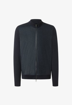 Marineblaues Zip-Up-Jackett mit strukturiertem Körper und glatten Ärmeln, ausgestattet mit Stehkragen sowie gerippten Bündchen und Saum.