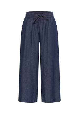 Pantalon large bleu foncé avec taille élastique et cordon de serrage ajustable, fabriqué en tissu léger.