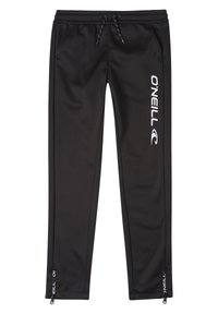 Pantalones de chándal negros hechos de una tela suave con cintura ajustable mediante cordón, bolsillos laterales y dobladillos con cremallera. Presenta el logotipo blanco "O'Neill" en un costado.