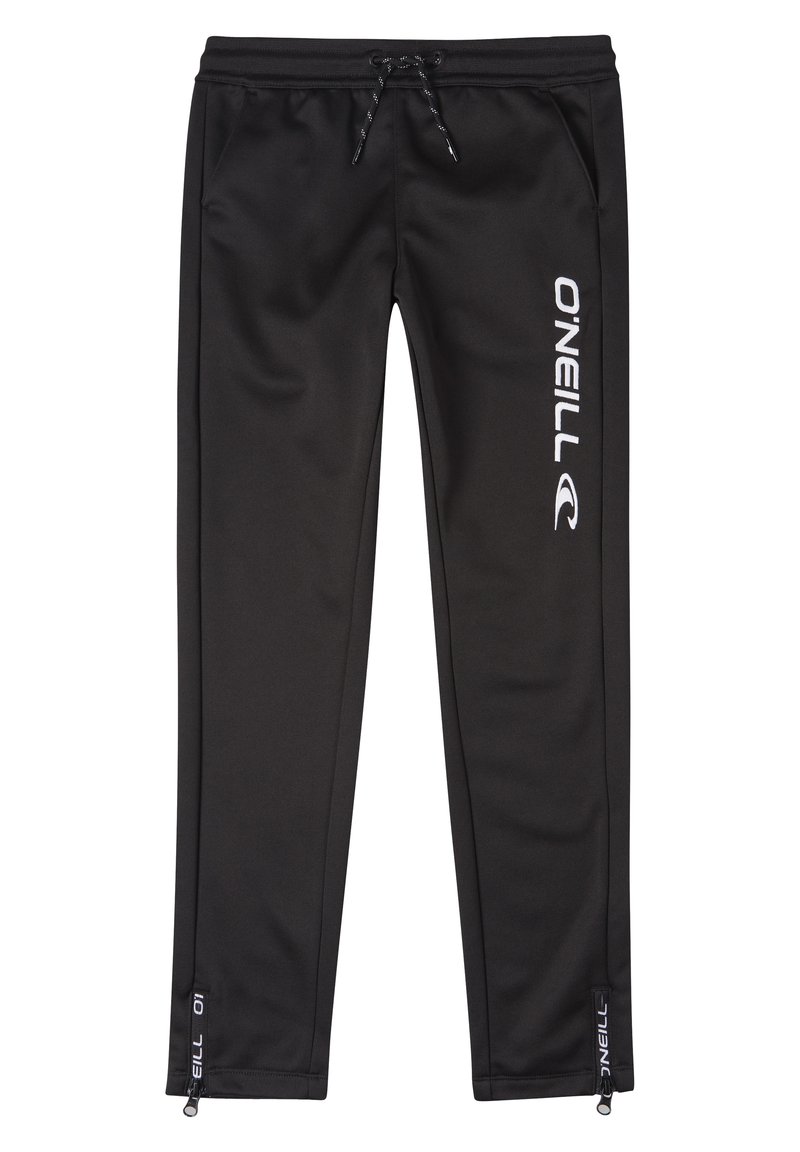 Pantalones de chándal negros hechos de una tela suave con cintura ajustable mediante cordón, bolsillos laterales y dobladillos con cremallera. Presenta el logotipo blanco "O'Neill" en un costado.