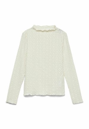 Top a maniche lunghe color crema con pois neri. Presenta uno scollo arricciato e un orlo dritto. Realizzato in tessuto morbido e leggero.