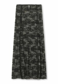 Čierna dlhá čipková sukňa s kvetinovým vzorom, priesvitnou textúrou a tiered dizajnom s elastickým pásom pre pohodlie.