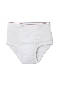 Slip in cotone bianco con texture a coste, dotato di una vita elastica etichettata "CAGI" e cuciture a contrasto. Forma classica del slip.