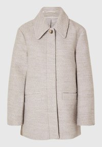 Lys grå frakke med en struktureret krave, frontknaplukning og to lommer. Stoffet har et tekstureret, vævet mønster.