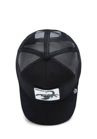 Black trucker cap featuring mesh rear panels, curved brim, and a front patch with a scorpion illustration and the text "DEADLY."