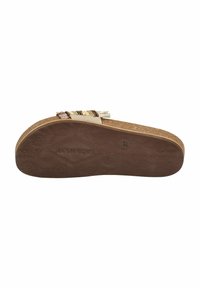 Sole in sughero con un sottopiede marrone texturizzato, caratterizzato da motivi floreali e un design ondulato. Parte superiore decorata con accenti intrecciati in tonalità neutre.