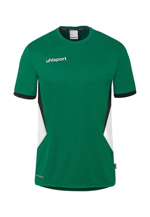 Green short-sleeve sports t-shirt with black and white side panels, black sleeve trim, and "uhlsport" logo on the chest.