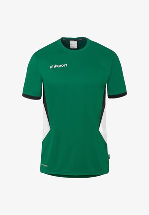 Grünes Sport-T-Shirt mit kurzen Ärmeln, schwarzen und weißen Seitenpaneelen, schwarzem Ärmelabschluss und "uhlsport"-Logo auf der Brust.