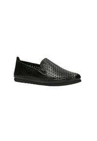 Scarpe nere slip-on con design perforato, texture liscia, punta arrotondata, suola in gomma e profilo basso per una facile vestibilità.